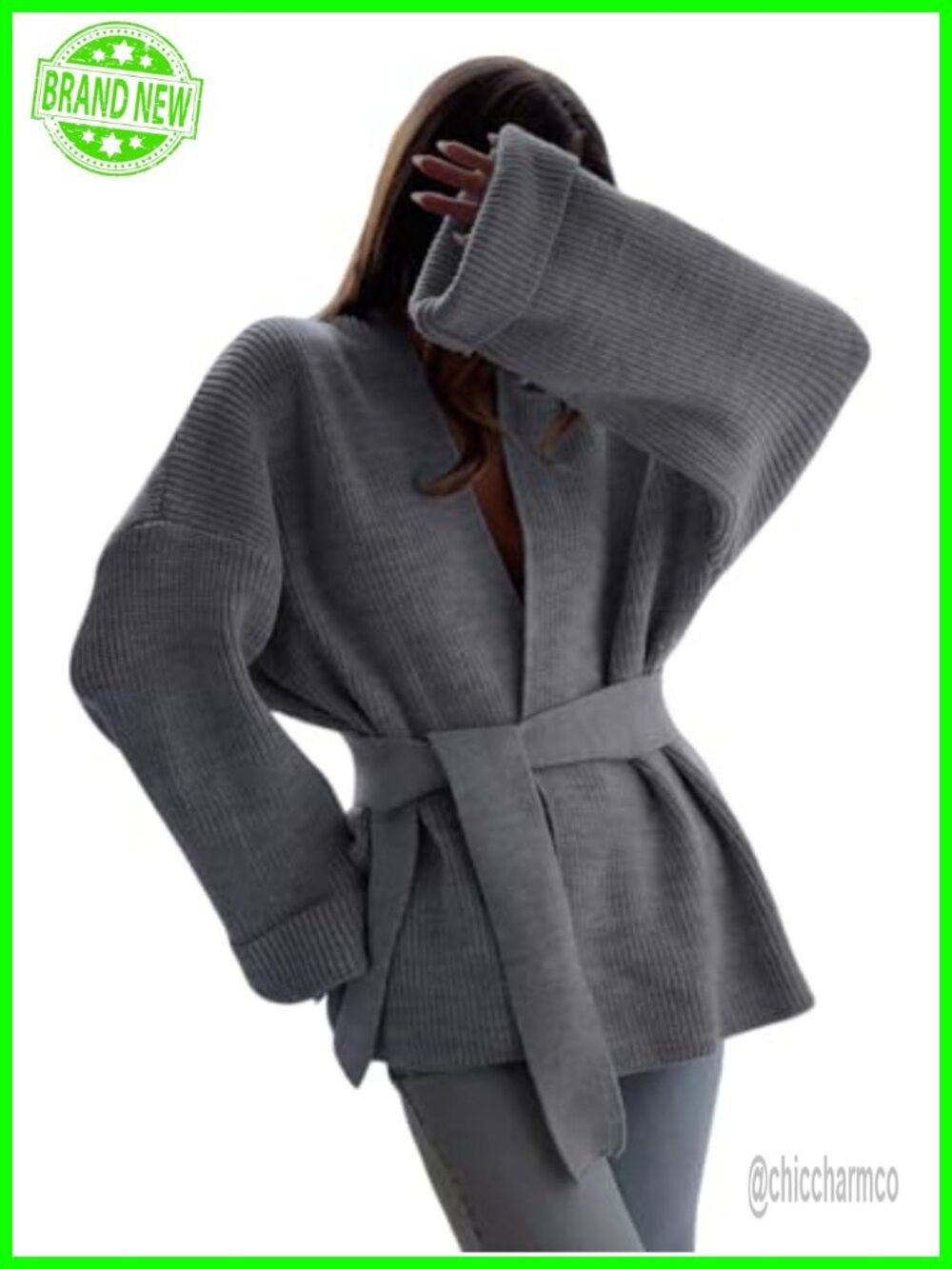 Ribbed Knit Wrap Cardigan Tie Waist Oversized Flare Sleeve
